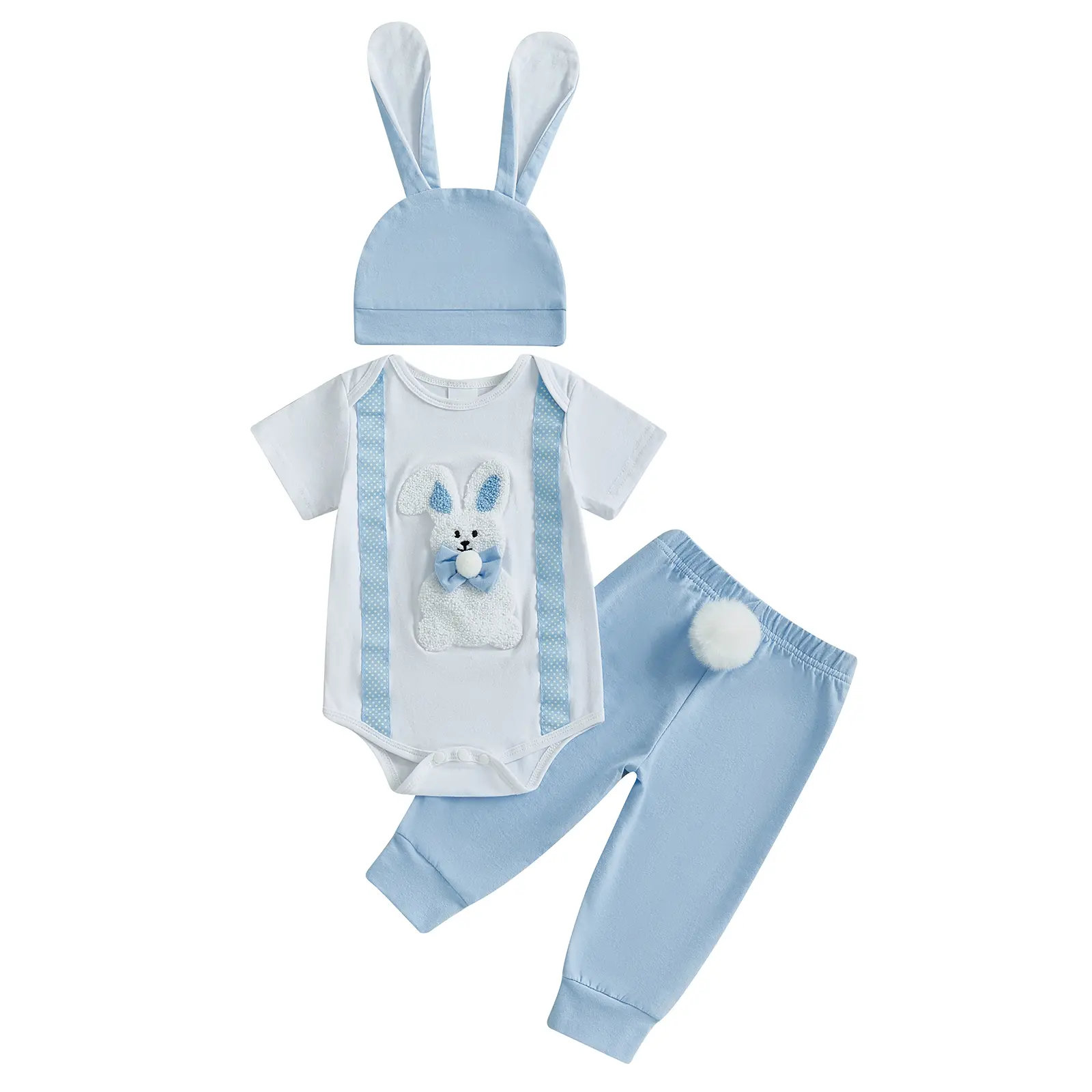 Canrulo Newborn Baby Boy Easter Outfit My 1st Easter Short Sleeve Romper Pants Bunny Ears Hat 3PCS Clothes Set 0-18M