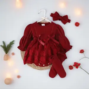 1 Set Baby Girl Elegant & Luxurious Long Sleeve Mesh Contrast Romper + Headband + Socks, Autumn/Winter Christmas Festival Party Kids Girls' Sparkle Holiday Outfit Fur Bows Snowman Matching Pajamas full length