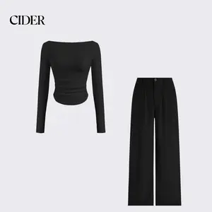 Cider [size 2-10] Thermal Cotton-blend Boat Neck Solid Ruched Long Sleeve Tee & Corduroy Mid Rise Solid Pocket Straight Leg Trousers