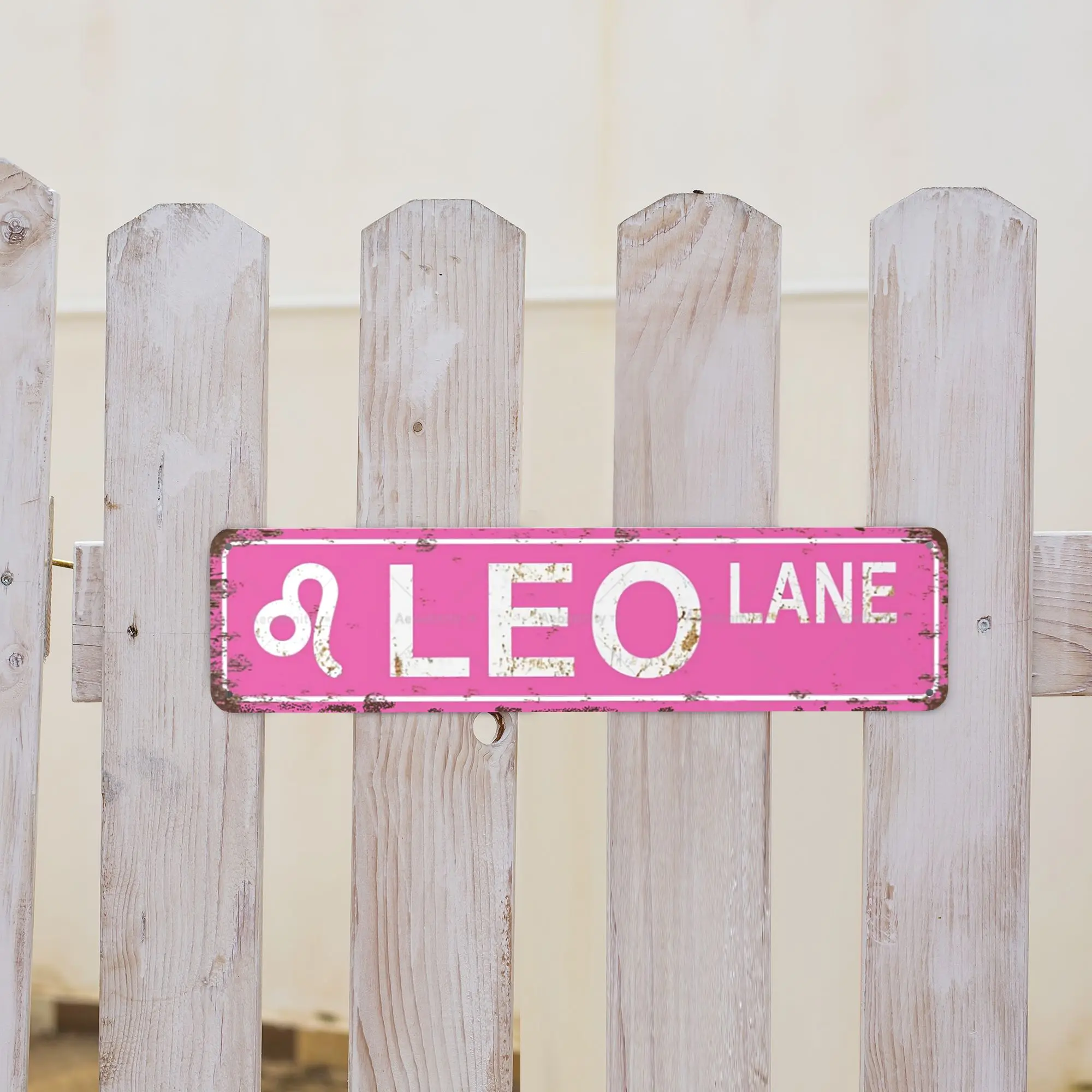 16"×4" Rectangular Leo Lane Zodiac Decorative Aluminum Street Sign, Hot Pink Vintage Distressed Metal Tin Lion Wall Plaque, Bedroom Decor for Astrology Leo Lovers, Zodiac Street Sign