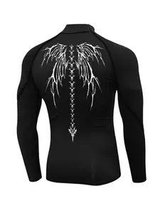 Men's Skull Wing Print Tight-Fit Long Sleeve Shirt, Casual Mock Neck Gym Cycling Outdoor Sport Top, Spring & Fall Fashion
