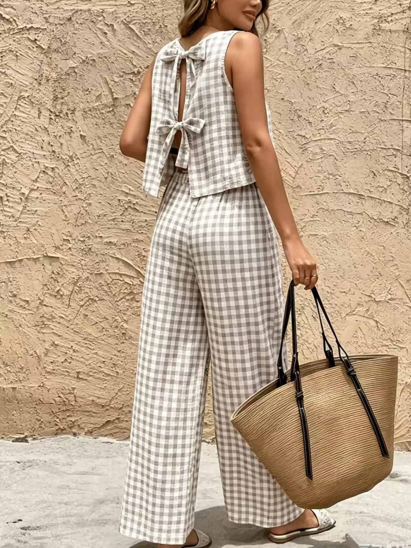 2-Piece Vintage Casual Plaid Sleeveless Tank Top and Wide Leg Pants Set, Matching Sets, Summer Women's Fashion, Elegant, Chic, Comfortable and Stylish, Outfit