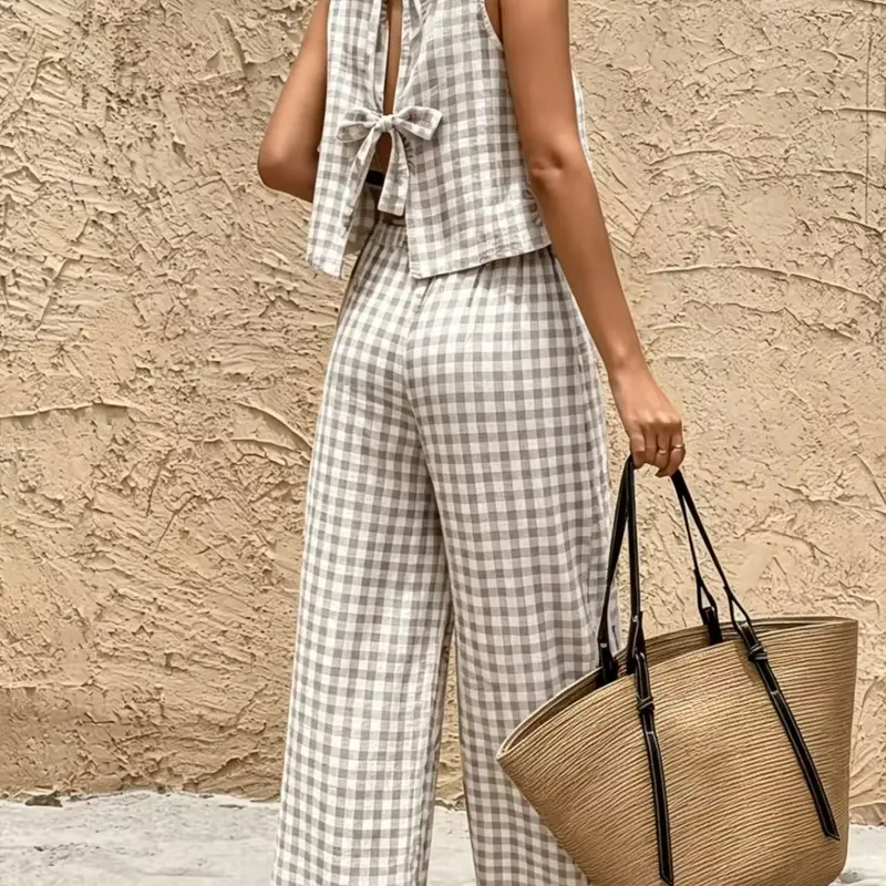 Women's 2-Piece Vintage Plaid Set, Casual Tank Top and Wide-Leg Pants, Summer Comfortable Matching Outfit, Two Piece Set Women