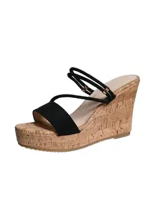 Women's Fashion Solid Cork Wedge Sandals & Platform Slides; Versatile Summer Sandals for Daily Wear; Casual, Comfy & Breathable Lightweight Heels for Women and Girls; Fashionable Platform Sandals