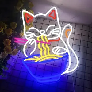 Cat & Ramen Noodles Design Neon Sign, 1 Count USB Powered Dimmable LED Light, Wall LED Decorative Light for Restaurant Decoration Neon Lights, Neon Lamps