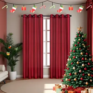 2 Panel Semi Sheer Red-themed festivals Voile Curtains Set Faux Silk Light Filtering Drapes with Grommet Top for Privacy Suitable for bedroom, living room Bee Cafe Style Curtains Garden Transparent Colorful  Max-Blackout Texture Window Cotton langsir bida