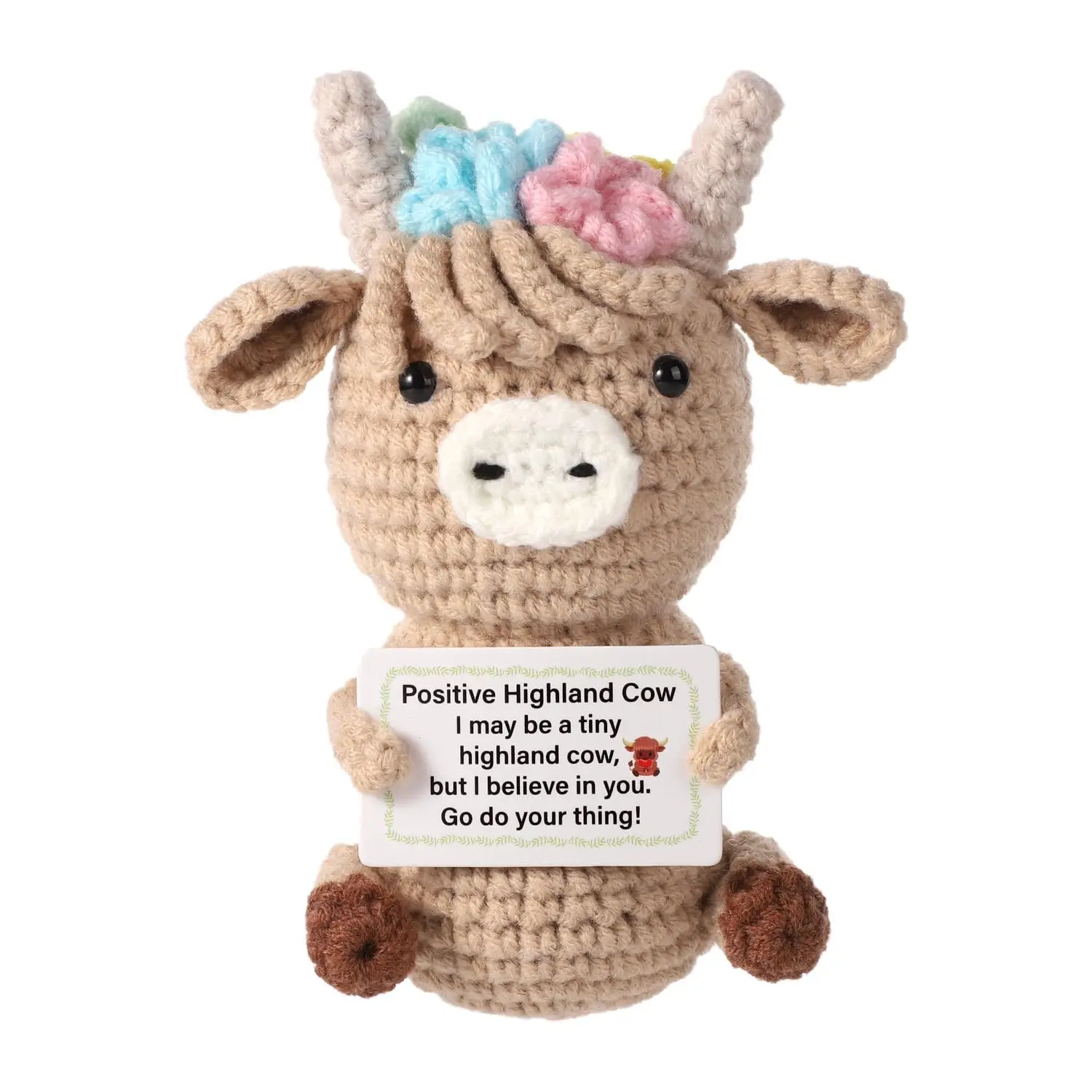 1pc Knitted Highland Cow, Cute Cow Design, Funny Cute Positive Cow Crochet Inspirational Knitted Doll with Positive Card Uplifting Knitted Toy Gift for Friends Family Party Decoration Stuffed Animal Gift Animal Merch