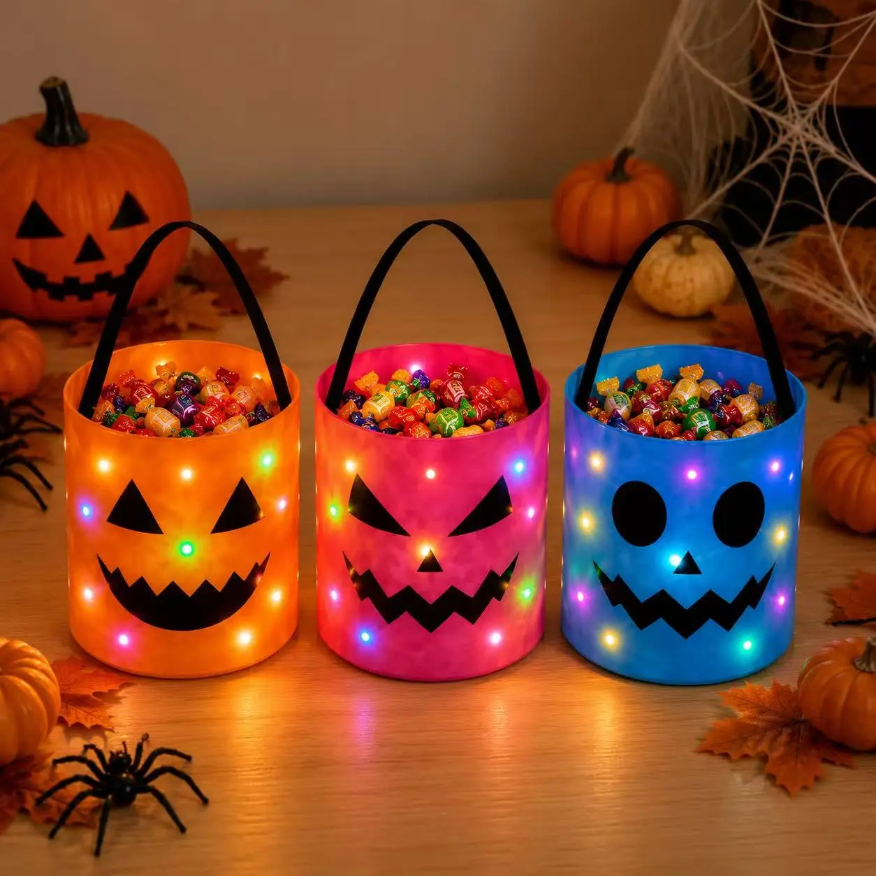 Halloween LED Glow Pumpkin Trick or Treat Bag, Reusable Light Up Candy Bucket, Spooky Portable Halloween Party Treat Basket for Kids