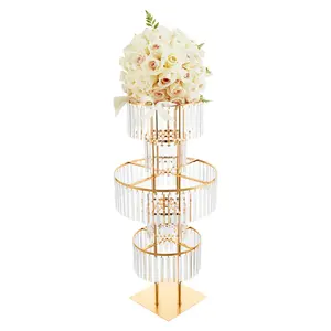 CNCEST Gold Frame Flower Stand for Wedding - 5 Tiers & Crystal Pendants - Clear Acrylic & Iron - Elegant Centerpiece - 110cm Height - Easy Assembly - Perfect for Floor or Table Placement