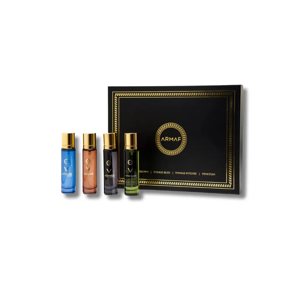 Armaf Voyage Discovery Set for Men, 4-Piece Travel Size Men's Colognes Collection to Find Your Signature Scent, Includes Brown Orchid - 0.5 fl oz Each, Woody, Adults, Fragrance, Multi-Pack, 36 Months, Aquatic, Blueberry, Long-Lasting, Citrus
