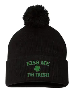 Kiss Me I'm Irish Embroidered Knit Beanie Pom Cap