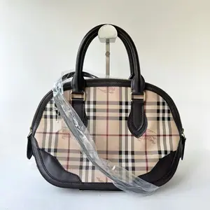 Pre-owned BURBERRY Coated Canvas Crossbody Bags Orchard Small Haymarket Check Bowling Bag Beige CPU0518
