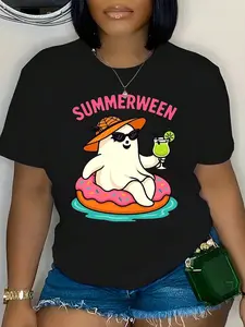 100% pure cotton Women's Plus Size Clothing,Round Neck Casual Short Sleeve,Cotton Fabric-Summerween Vibes Ghost T-Shirt, Cute Halloween Beach Tee, Funny Spooky Season T-Shirt,  Pastel Goth T-Shirt, Creepy Cute Outfit2369 printed t-shirts for women