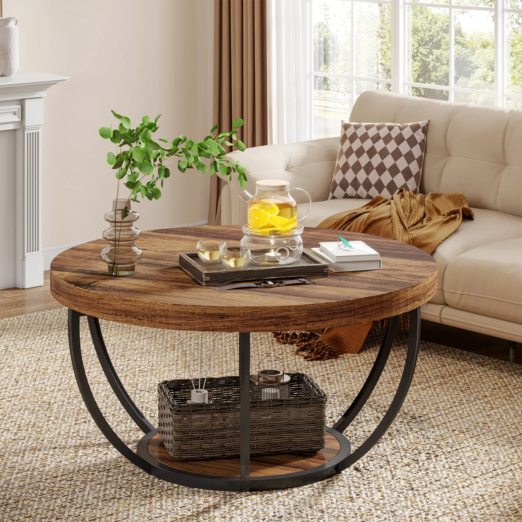Tribesigns Round Coffee Table, Industrial 2-Tier Circle Coffee Table with Storage Shelves, Modern 31.7" Wooden Accent Center Table for Living Room, Ho