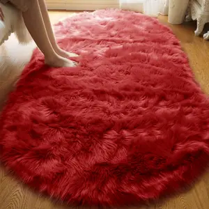 1pc Valentine Red Oval Faux-Wool Accent Rug｜Long-Pile Machine-Washable for Living/Bed/Study, Winter Wrap Feel, Shaggy Fuzzy Rugs