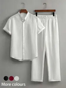 Two-Piece Set Menswear Men's Solid Color Textured Button Front Shirt & Pants, Regular Fit Casual Short Sleeve Collared Top & Trousers for Summer, Men's Clothes for Daily Wear