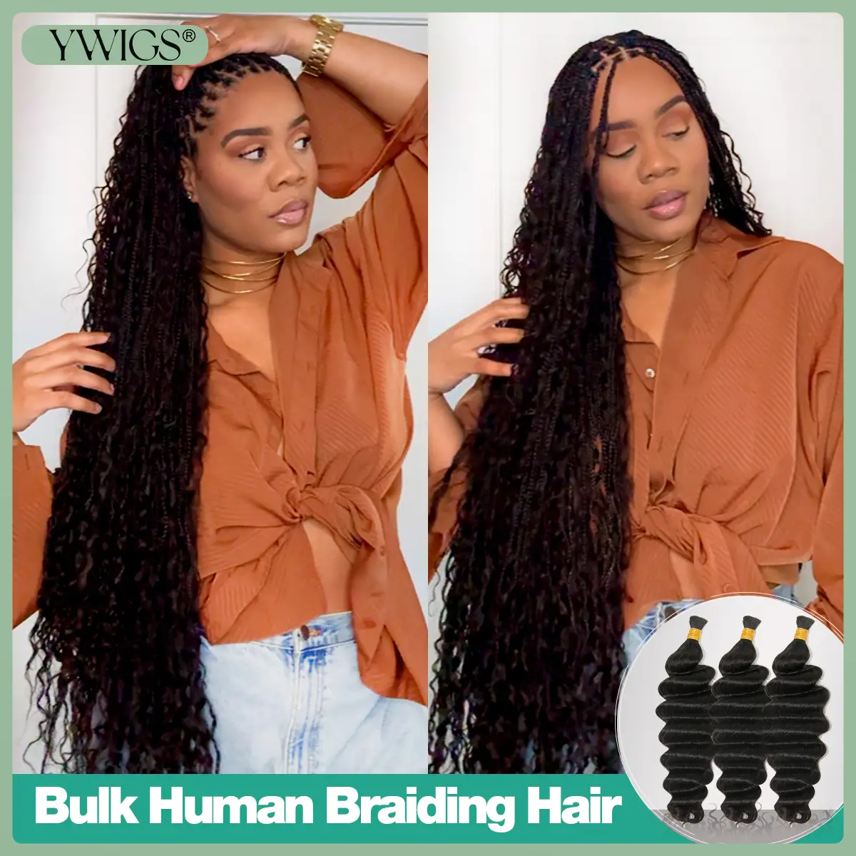 YWIGS Bulk Human Hair for Braiding No Wefted Natural Color Human Hair for Boho Braids