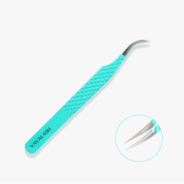 VG-04 Fiber Tip Blue Coated Curved Tweezers for Volume Lashes