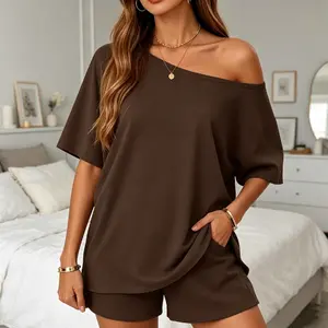 Women's Casual Two Piece Lounge Set Off Shoulder Top & Fitted Shorts ,Summer Shorts Set Lounge Matching Two Piece Spring Beach Vacation Outfits 2026 Sweatsuits