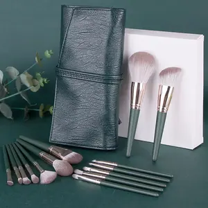 Green Handle Makeup Brush Set with Matching Green PU Case - Includes Various Brushes for Makeup Application