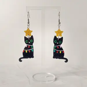 #161 Glitter Black Cat Wrapped in Multi-Color Christmas Lights and Yellow Glitter Star Earrings- Stainless Steel Hooks- Casual Christmas Jewelry