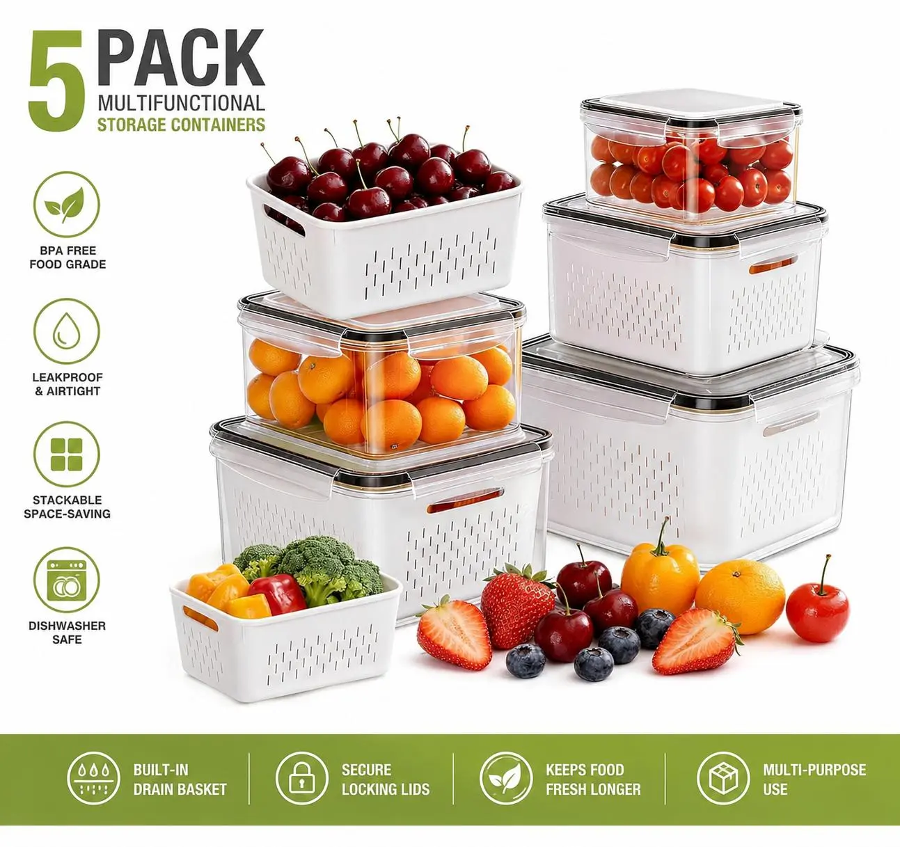 5 Pack Fruit Storage Containers for Fridge, Plastic Fruit Containers for Fridge with Removable Colanders, Leakproof Fridge Organizers and Storage for Berry Vegetable Salad Lettuce Meat Food