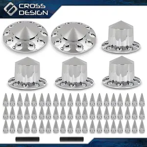 CROSSDESIGN Fits Chrome Hub Cover Kit 33mm Front & Rear Semi Truck Wheel Axle Covers Spiked