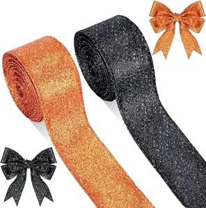 2 Roll 20 Yards Valentine's Day Ribbon Wired Glitter Thick Ribbon Metallic Wired Ribbon Gift Wrapping Tree Ribbon for Halloween Party DIY Crafts Wrapping Decorations(Black, Orange, 1.5 Inch)