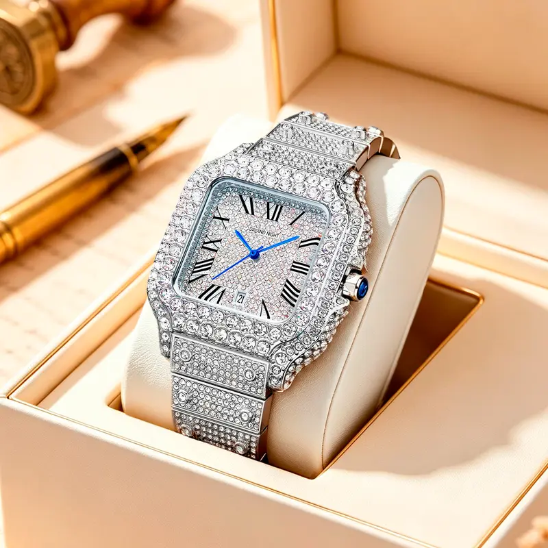 Men's 42mm Iced-Out Square Geometric Alloy Fashion Wristwatch - Rhinestone Decorated, 30M-50M Waterproof, Quartz Analog-Digital, Mineral Glass, Hip Hop Luxe, Mafia Style for Urban Parties, Fashion Wristwatches