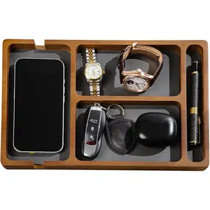 Wooden Valet Tray for Men, Nightstand Organizer with Leather Inlay, EDC Essentials Catchall Tray for , Phone, Wallet, Watch, Earbuds - Bedside Desk Entryway Tray (-Pen)