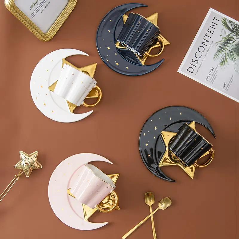 Celestial Moon & Star Tea Cup Set 0f 4 — Fantasy Reading Nook Mugs and plates.