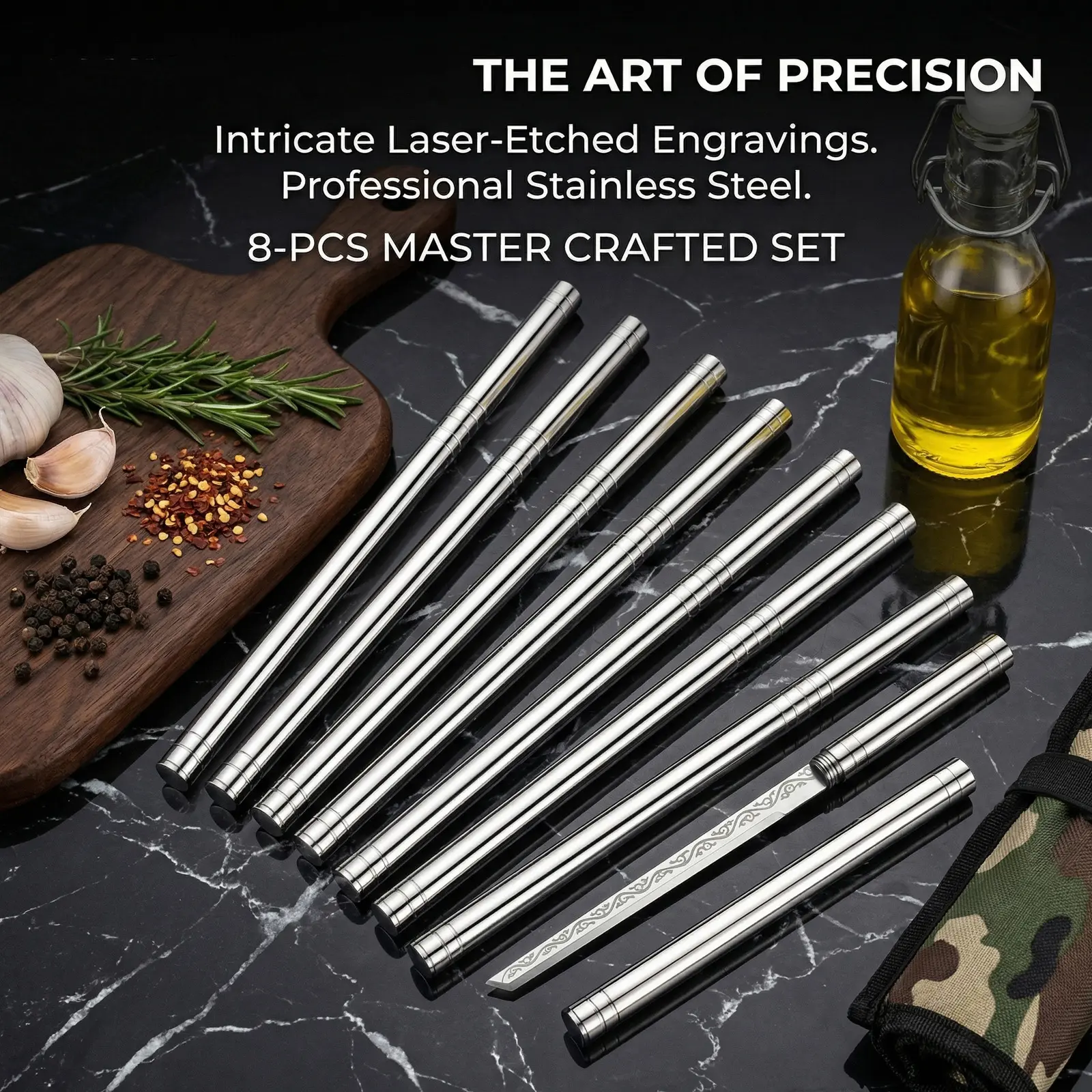 Premium 8-Piece Stainless Steel Fruit Carving Tools Set - Portable Precision Carving Knife with Anti-Slip Grip for Kitchen Culinary & Veggie Decoration