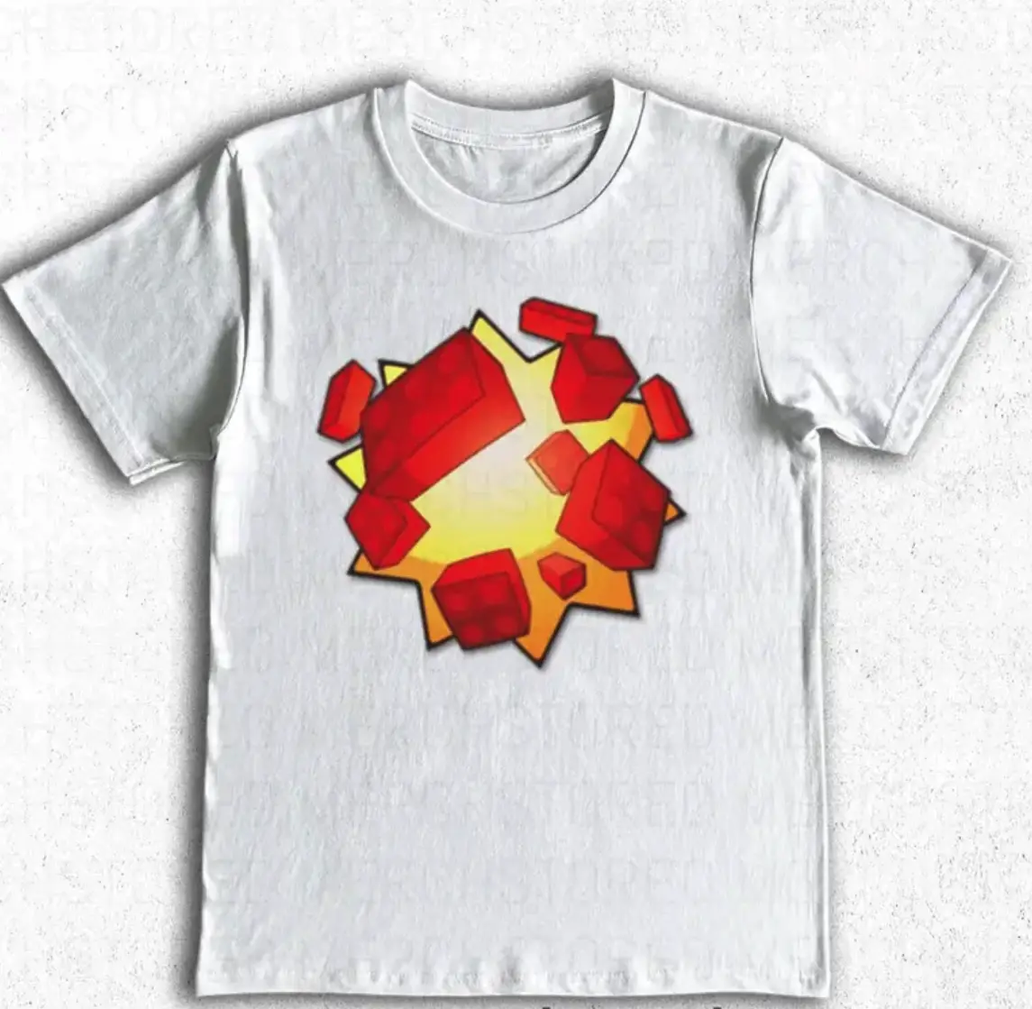 Oversized Crew Neck Short Sleeve T Shirt Featuring Cartoon Burst Star Explosion Graphic With Shattered Red Cube Pixel Redstone Blocks Unisex Soft Cotton Casual Sandbox Video Game Lover Basic Daily Top