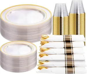 210 count Clear- Plastic Plates - Dinnerware Sets for 30 Guests - 60 Disposable Plates, 90 Plastic Silverware, 30 Cups, 30 Napkins for Party