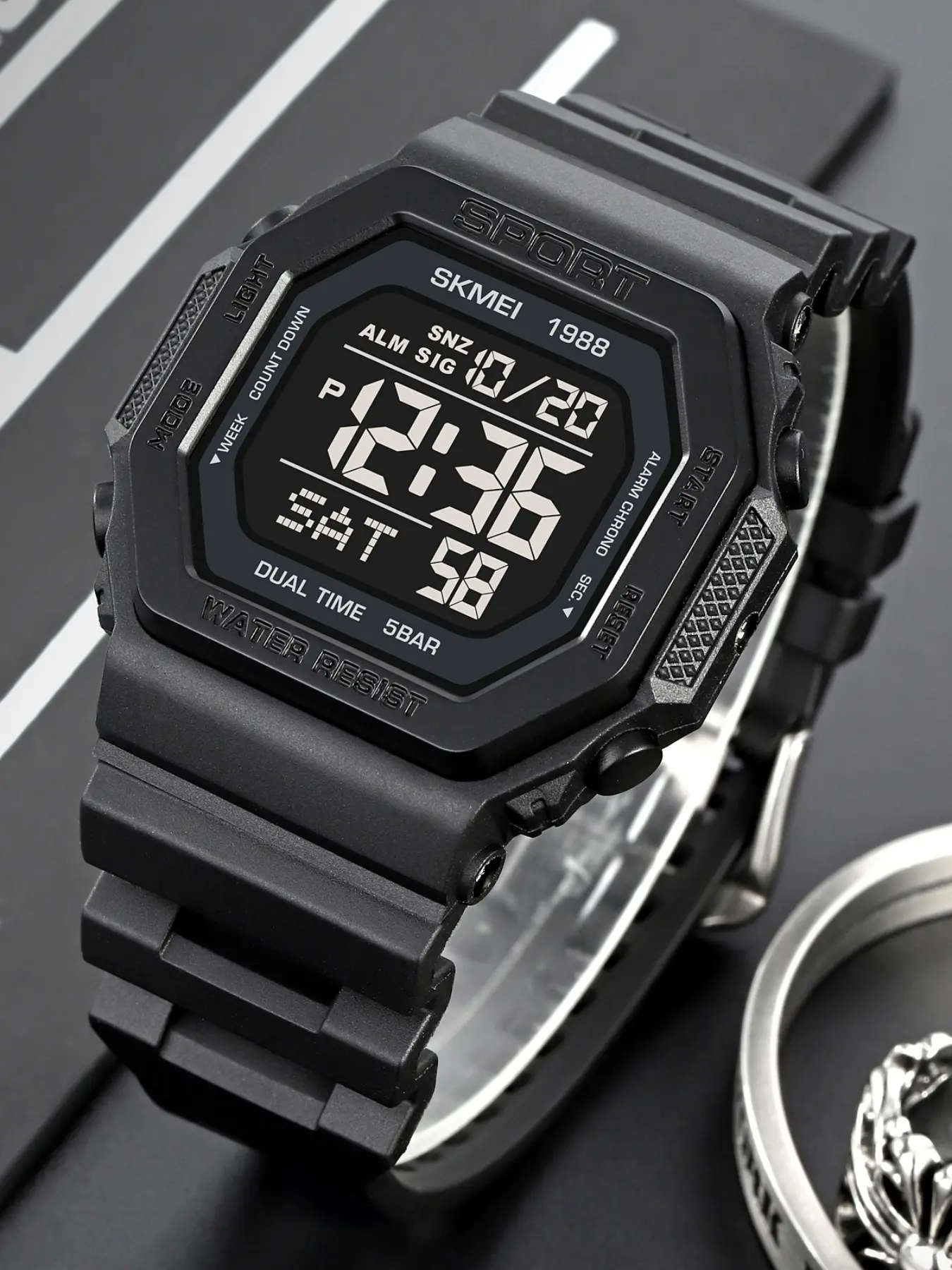 Skmei Sports Watch, Digital Square Dial, Multicolor Band, Buckle Closure, Hardlex Glass, Electronic Movement, 5atm Waterproof, Sporty Waterproof Watch