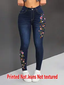 Women's Skinny Jeans Fake Denim Embroidery Print Pants, All Season Wearable Non-Denim Fabric Bottoms, Comfortable & Stylish