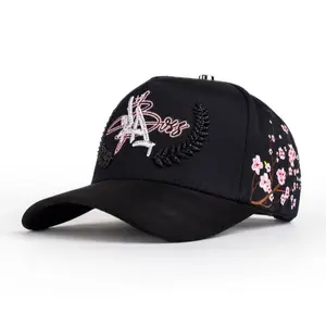 Gorra L-A Flores Black with Floral and Leaf Embroidery Design