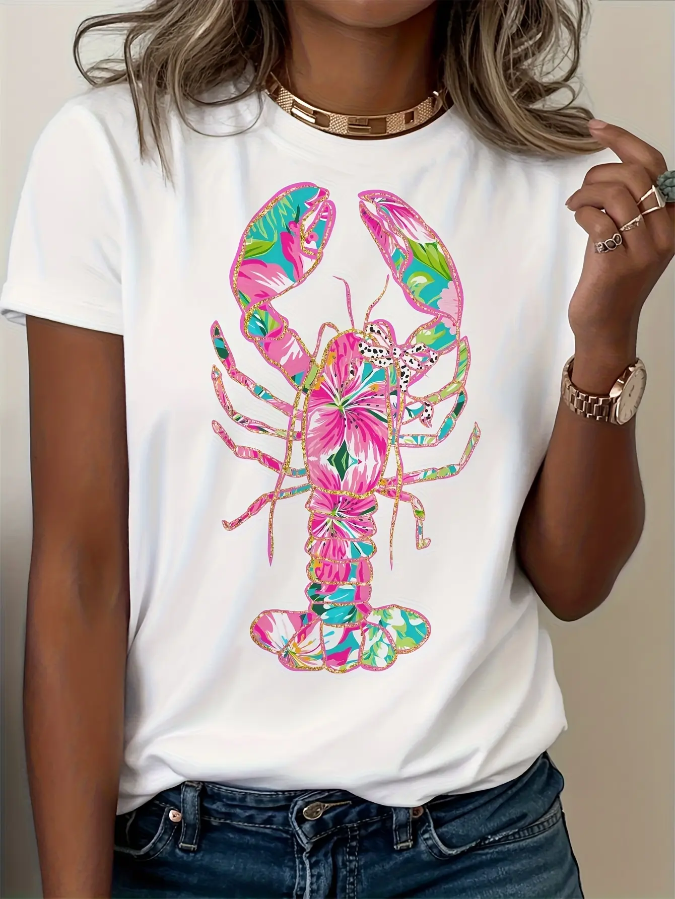 Women'S Lobster Pattern T-Shirt- Soft Pink And Turquoise Coastal Print Loose Fit Short Sleeve Round Neck, Lightweight And Breathable Summer Beach Party Top, Vibrant Lobster Design, Women'S Casual Daily Shirt, Machine Washable Fashion Gift Choice