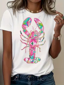 Women'S Lobster Pattern T-Shirt- Soft Pink And Turquoise Coastal Print Loose Fit Short Sleeve Round Neck, Lightweight And Breathable Summer Beach Party Top, Vibrant Lobster Design, Women'S Casual Daily Shirt, Machine Washable Fashion Gift Choice summervib