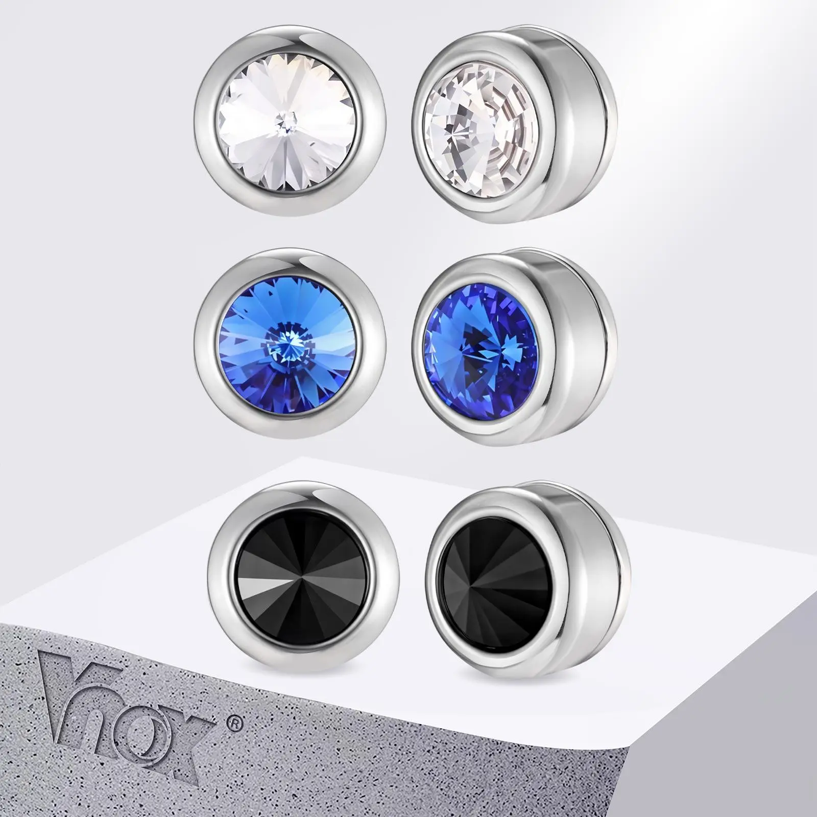 Vnox Stainless Steel Earrings for Men Women, Blue White Black Zircon Ear Clips Non Pierced, Hip Hop Stud Earrings Jewelry Gifts