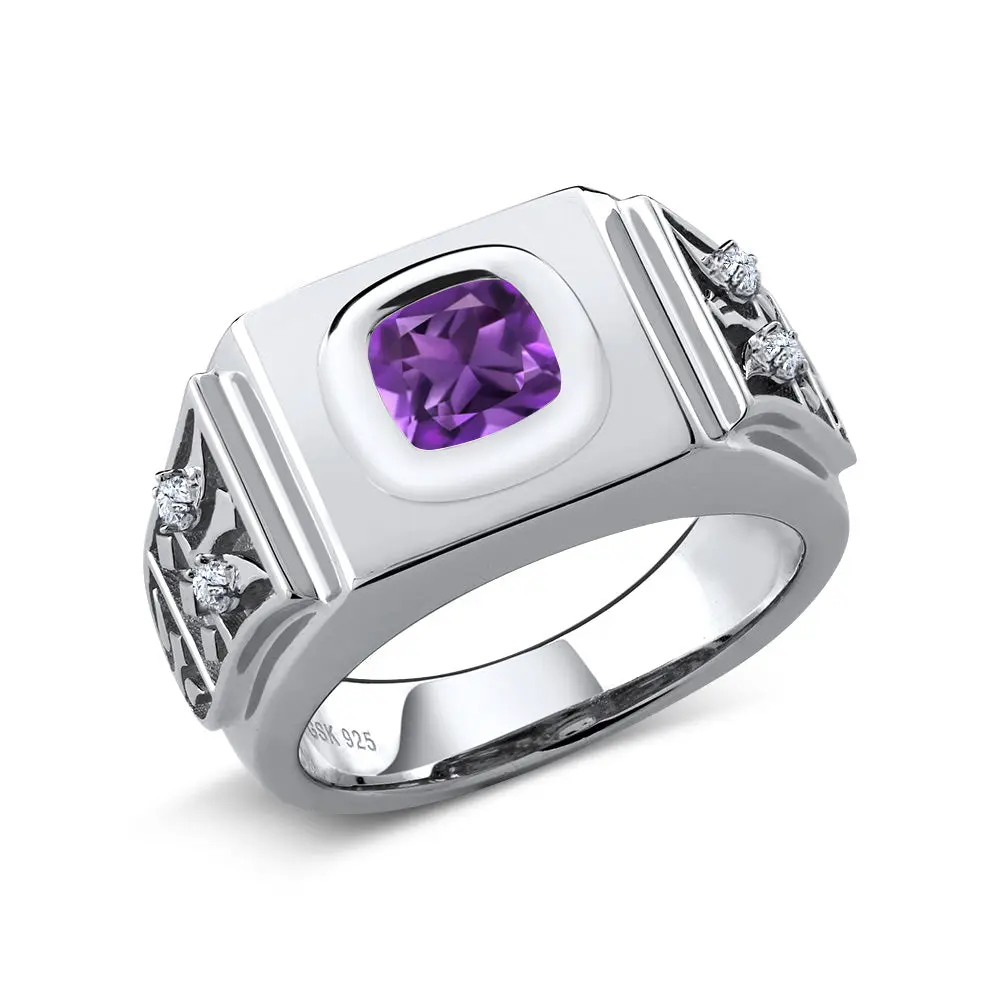 Men's 925 Sterling Silver Purple Amethyst Ring for Men | 2.09 Cttw | Gemstone Birthstone | Cushion 8MM | Available In Size 7, 8, 9, 10, 11, 12, 13