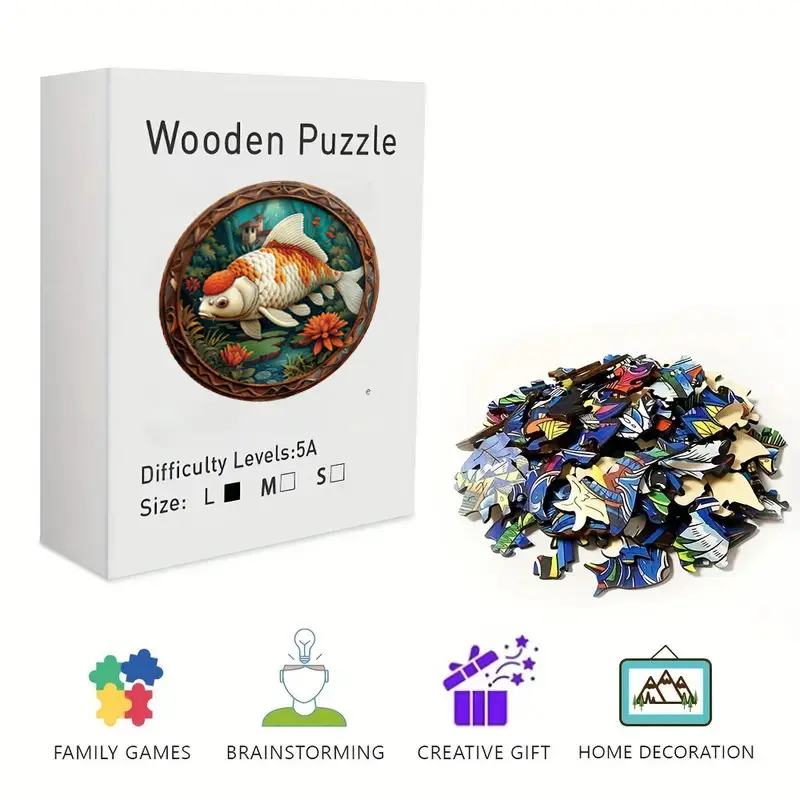 Wooden Jigsaw Puzzle - Unique Irregular Round Koi Fish Art Puzzle for Adults, Challenging Brain Teaser Boosting Observation Skill, Artistic Decor Wall Art & Desk Ornament for Stress Relief