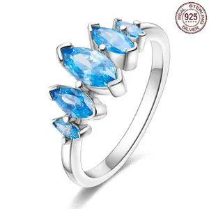 Marquise Cut Blue CZ Ring 925 Sterling Silver Sea Blue Sparkling Rings for Women Modern Geometric Aesthetic Jewelry Gift