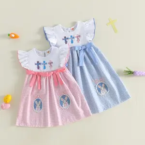 Babamoon Kids Toddler Baby Girl Easter Dress Jesus Cross Bow Embroidery Round Neck Flying Sleeve A Line Dress 1-7 Years