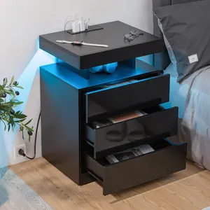 HOMMPA Black Nightstand with Wireless Charging Station High Gloss 3 Drawers Bedside Table USB Type C Charging RGB LED Lights Organizer for Bedroom Modern Design