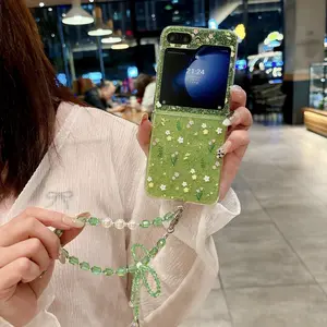 Flower Green Silver Phone Case For Samsung 7 6 5 4 Protective Back Cover For ZFlip5 ZFlip6 ZFlip7 Case Shell
