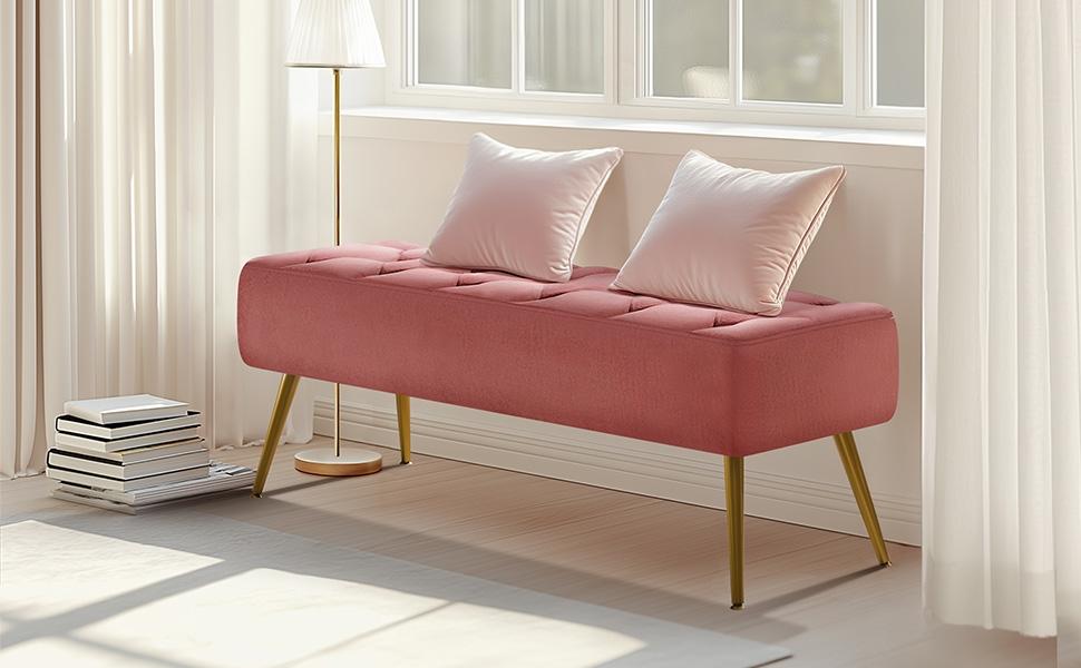 Yaheetech Ottoman Footstool Bench Boucle/Velvet Benches Upholstered Footrest with Gold Metal Legs and Padded Seat for Living Room