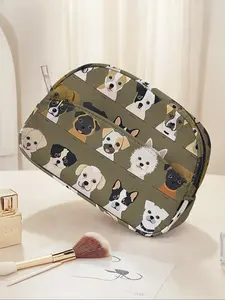 Dog Pattern Portable Travel Cosmetic Bag, Brush Holder Organizer, Large Capacity Toiletries Storage Pouch, Cute Fashion Makeup Bag