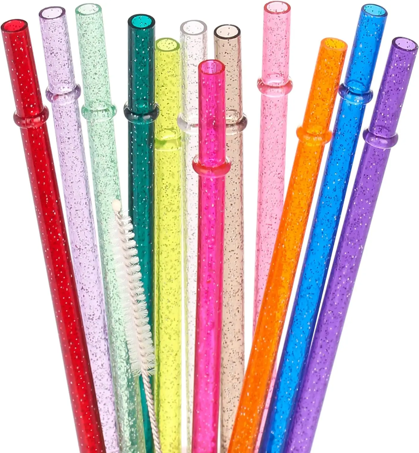 11 Inch Reusable Tritan Plastic Straws, Replacement Glitter Sparkle Drinking Straws for 24 oz-40 oz Mason Jars/Tumblers,Dishwasher safe,Set of 12 with Cleaning Brush(12color,11inch)