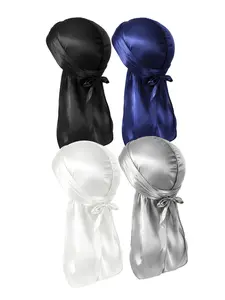 4 Pcs Unisex Silk Durags with Elastic Band, Casual Solid Color Fashionable Headwear for Waves & Daily Wear, Breathable Soft Comfort Durags with Extra Long Tail, Head Scarf